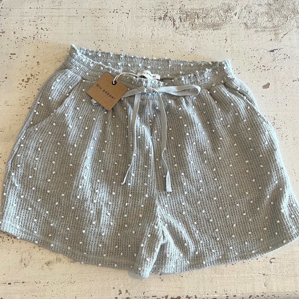 NWT Blu Pepper Elastic Waist Knit Shirts Grey Green/ White Polka Dot Size L